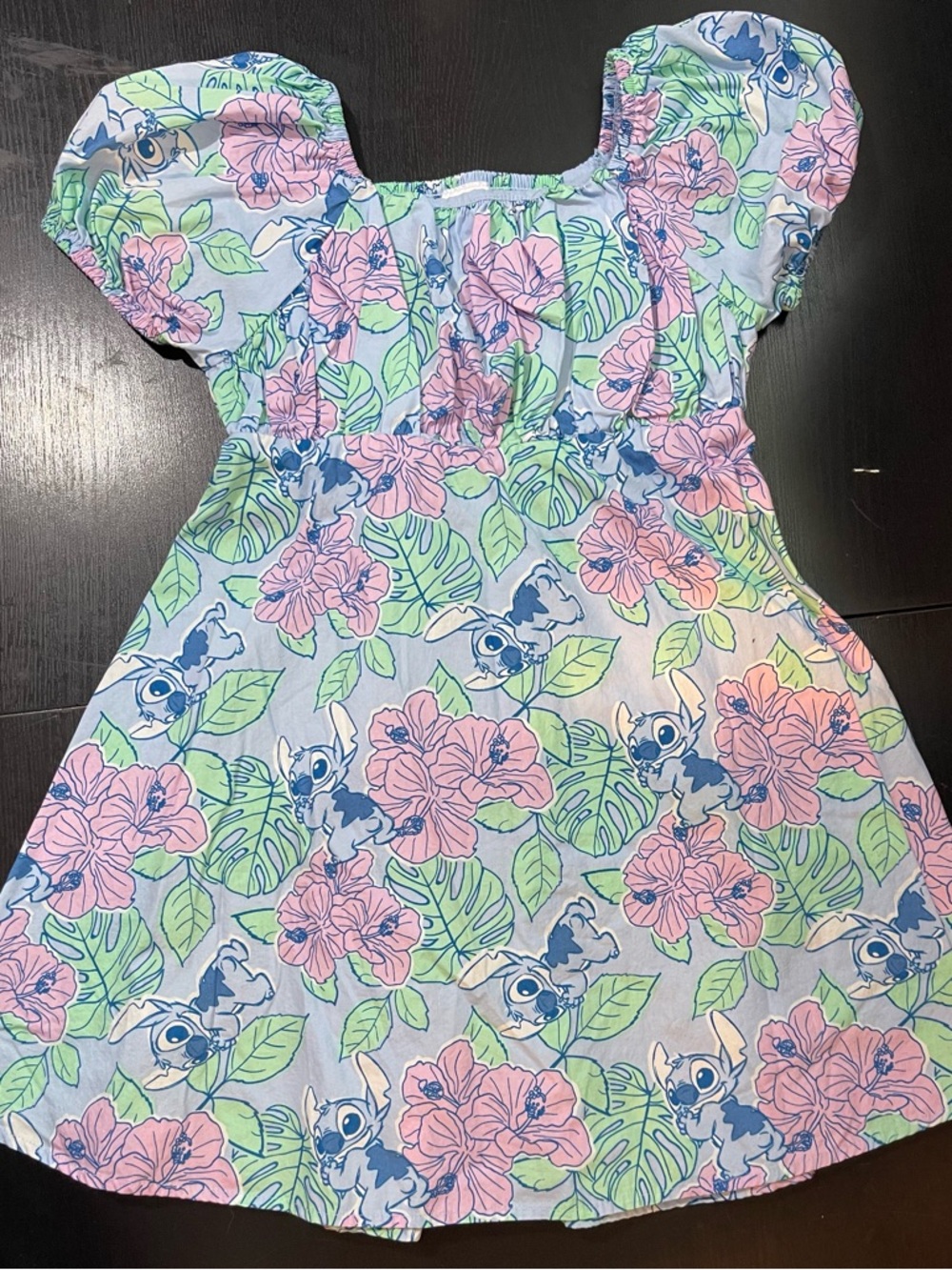 Girls Blue Floral Stitch Dress with Pink Flowers
